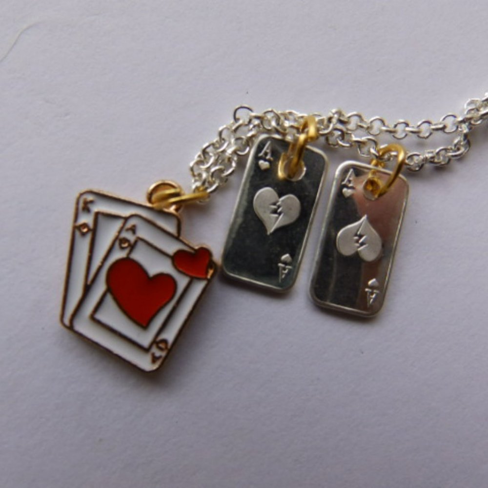 Aces three of a kind hearts of silver necklace two tone silver and gold chain